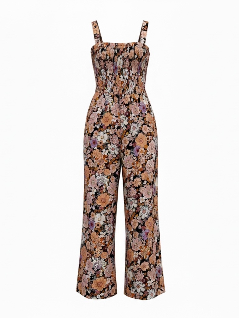 Floral Smocked Wide-Leg Jumpsuit in Black with Tan & Pink Floral Print